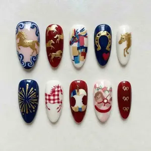 Handmade Horse Theme Press On Nails - Hand-Painted Equestrian Art with Gold Details, Almond-Shaped for Playful Artistic Vibes