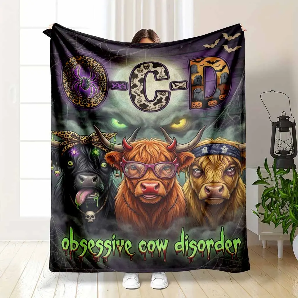 Obsessive Cow Disorder Highland Cow Halloween Flannel Blanket Spooky Eyes Plush Throw Ultra Soft Couch Blanket Fall Spooky Season Room Decor Funny Gift