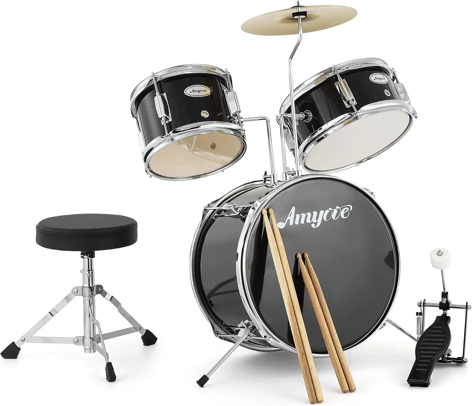 【Christmas Gift】Durable Kids 3-Piece Drum Kit - Includes Cymbals, 2 Drumsticks, Pedal, 2 Toms, Throne Stool, Bass Drum - Musical Toy Instrument For Boys, Black, Bass Drums