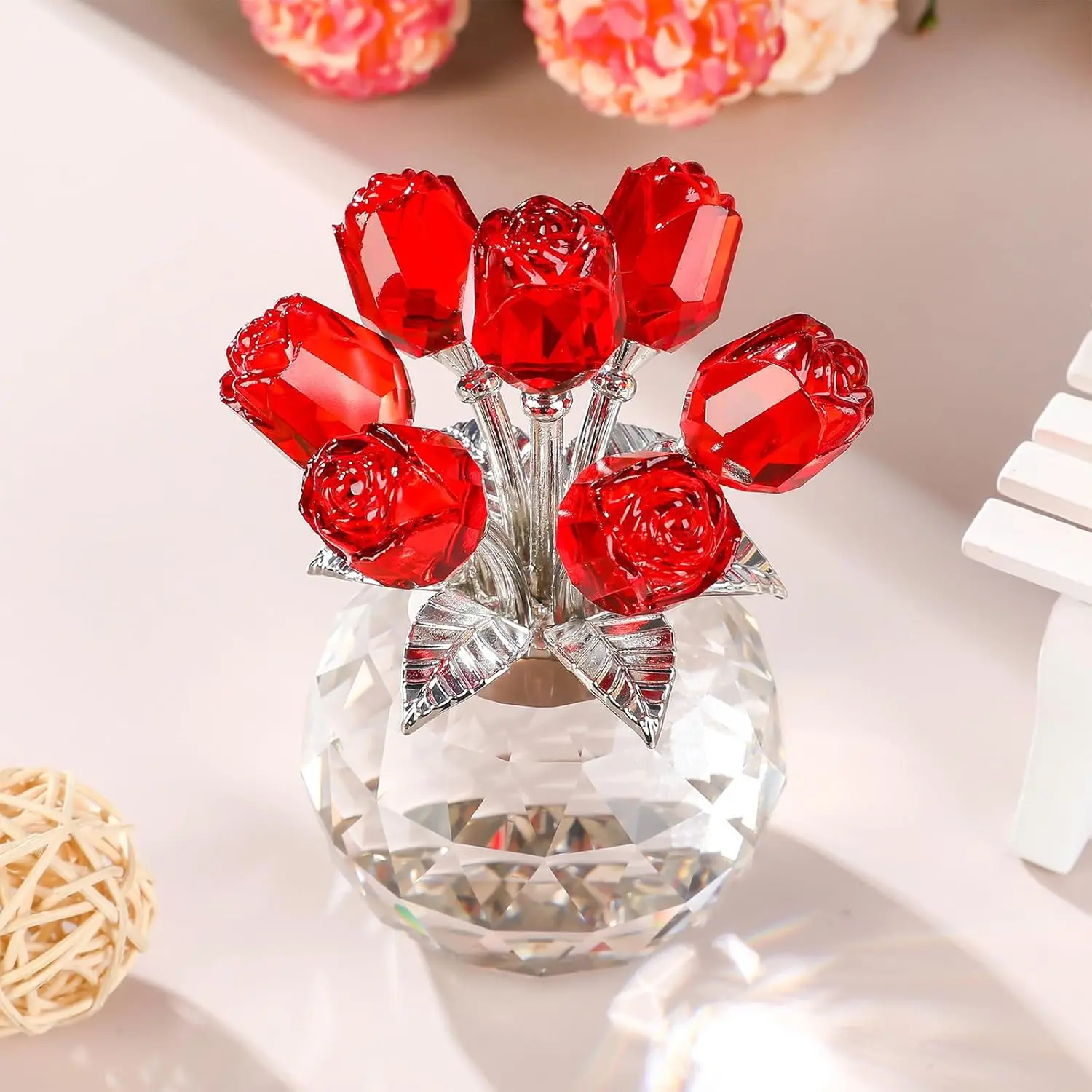 Handmade Glass Rose Flower Crystal Figurine with Metal Vase, Art Deco Floral Decor Bouquet Ornament - Home Table Decor Gifts for Women for Valentine's Day-Christmas, Elegant