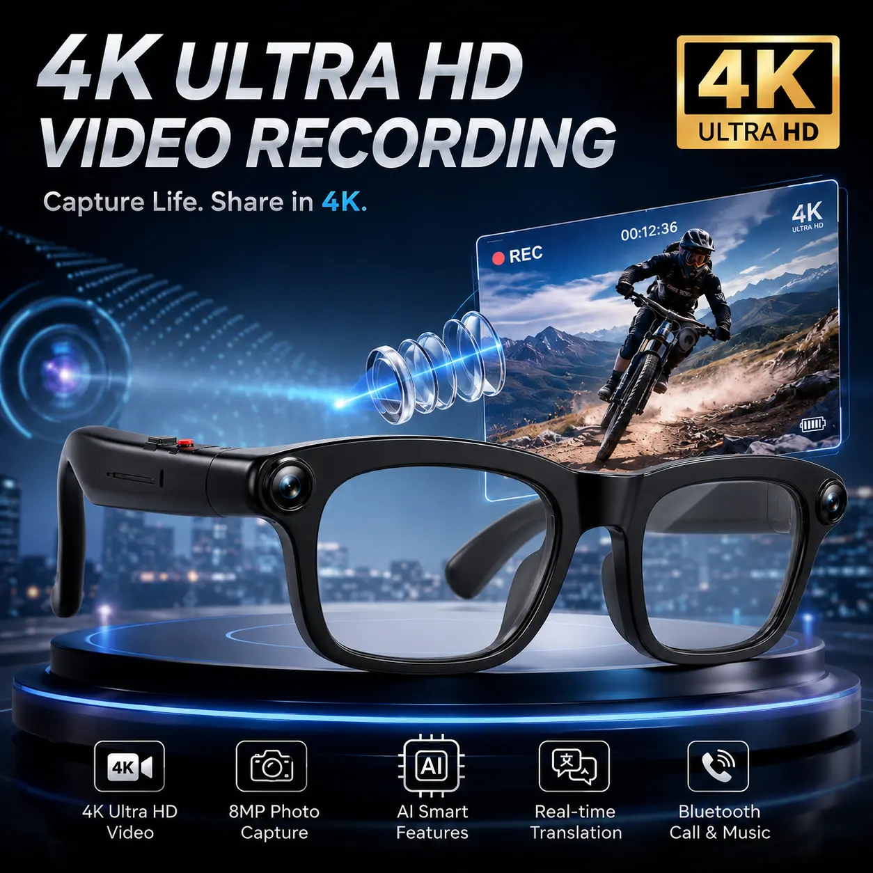 Al Smart Glasses with 4K Hands-Free Recording Real-Time Translation 8MPCamera &1080PVideoRecording, Photochromic Lenses, Voice Assistant, SmartWear Detection touch button control pro