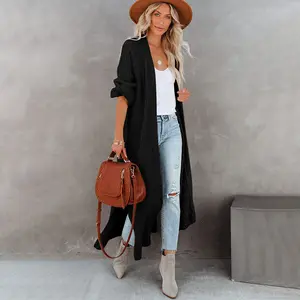Women's Buttoned Basic Knitting Cardigan - Long Sleeve, Long Split Style, Soft Fabric, Fashion Apparel Clothes, Women's Knitwear Top Coat