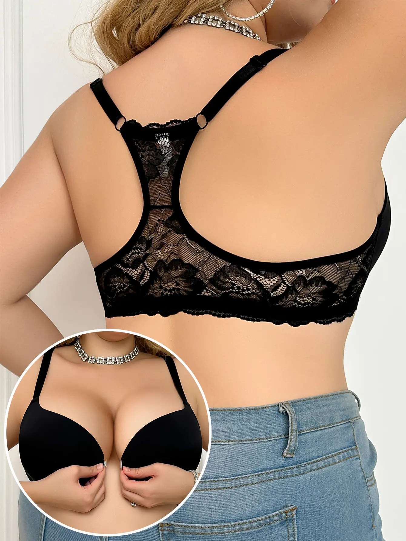 Mimilemon Plus Size Women's Front Closure Push Up Bra Elegant Lace Racerback Breathable Comfortable Everyday Bra