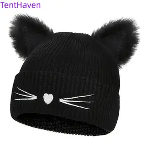 2026 Adorable Cat Ear Knitted Hat for Fall Winter Embroidered Cozy Pullover Beanie with Playful Cat Ear Design Warm Knitted Material for Cold Weather Embroidery Cap