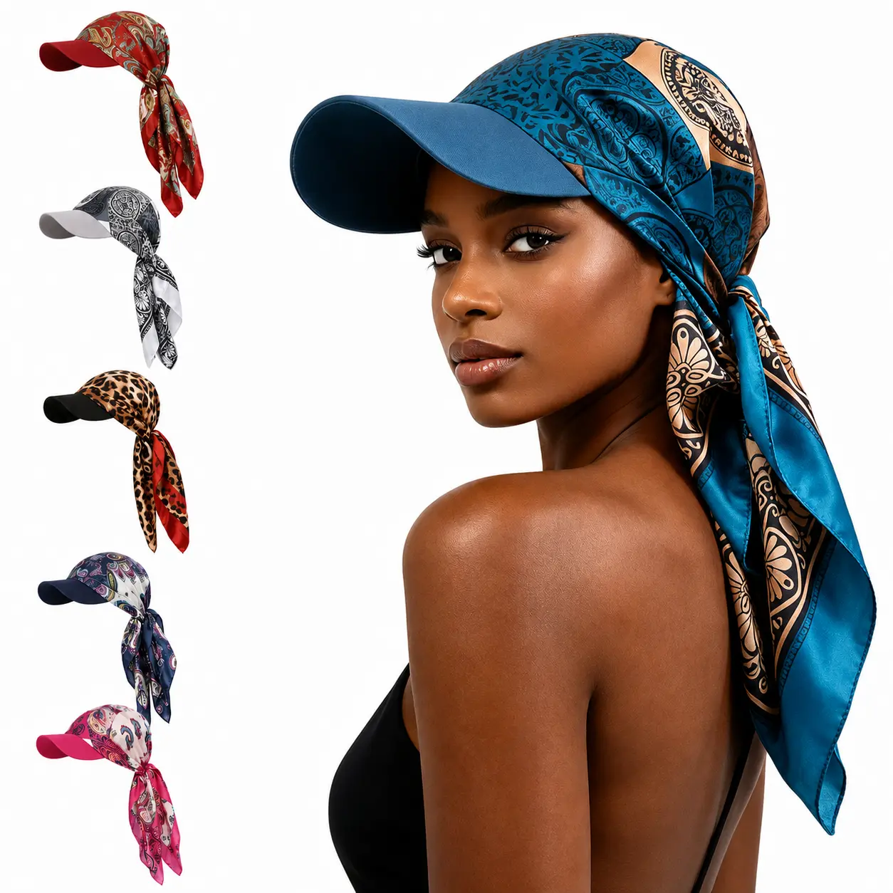 Satin Scarf Visor Cap for Women, Printed Sun Hat Head Wrap with Tie Back Tail, Stylish Hair Cover Cap