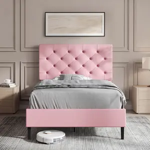 HOMBCK PU Twin Full Queen Bed Frame with Headboard, Upholstered Platform Bed with Button Tufted Design, No Box Spring Required, Easy Assembly, Twin Bed Frames, Pink