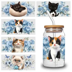 5 Sheets Cute Cat UV DTF Stickers UV DTF 16oz Libbey Cup Wraps - Waterproof, Scratch-Resistant DIY Decals with 3D Crystal Effect, Self-Adhesive Transfer Paper for Cup Decoration, Floral & Bird Design
