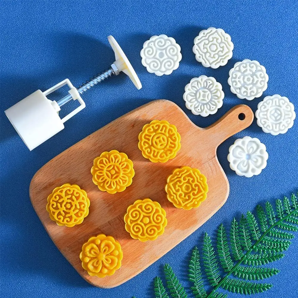 50g Round Hand-Pressure Plastic Mooncake Mold Set, Home Baking Bakeware with 6 Stamps for Mid-Autumn Festival DIY Decoration