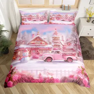 Christmas Duvet Cover Set,Winter Snowman Truck Flower Bedding Set for Kids Girls Room Decor,New Year Pink Comforter Cover,Soft Polyester Quilt Cover,No Comforter