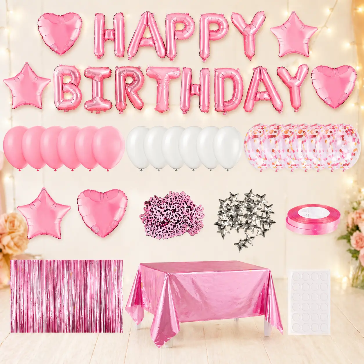 Feminine Girls' Pink Birthday Decorations Gift Set - Balloon Decor, Happy Birthday Banner, Fringe Curtain, Foil Tablecloth, Confetti Balloons, Table Confetti, Wall Photo Backdrop, Walls & Windows Room Decoration Supplies, Party, Pink Party Theme, Instant
