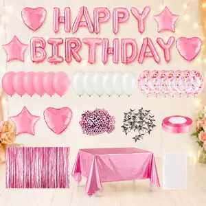 Pink Birthday Decorations Set with Happy Birthday Banner Fringe Curtain Foil Tablecloth Confetti Balloons Table Confetti for Girls Women Kids Birthday Party Room Decor Photo Backdrop