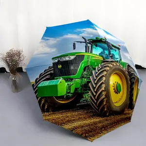1 PC Automatic Folding Umbrella - Green Tractor Field Farming Pattern, Portable & Foldable Design with 8 Ribs, Merry Christmas Pattern,Casual Outdoor Accessory Halloween and Christmas Birthday Gifts. F00132