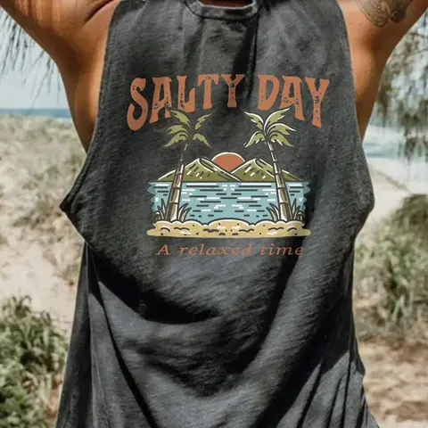 Men's Regular Fit Palm Tree & Mountain Print Summer Tank Top, Casual Street Graphic Sleeveless Printed Top for Daily Wear, Men's Clothes for All Seasons, Sleeveless Tank Tops, Beach Tank Tops, Socks