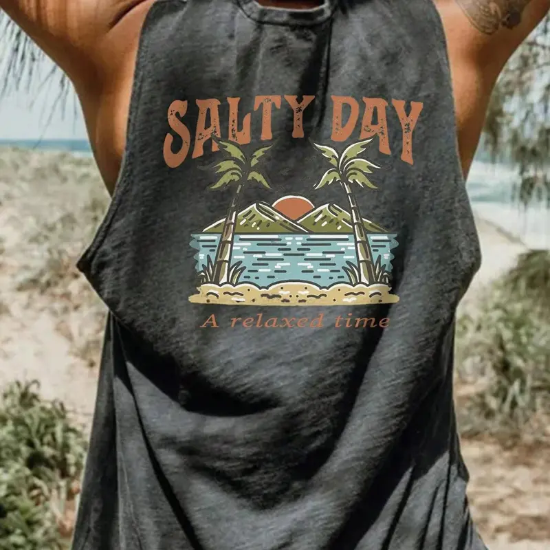 Men's Regular Fit Palm Tree & Mountain Print Summer Tank Top, Casual Street Graphic Sleeveless Printed Top for Daily Wear, Men's Clothes for All Seasons, Sleeveless Tank Tops, Beach Tank Tops, Socks