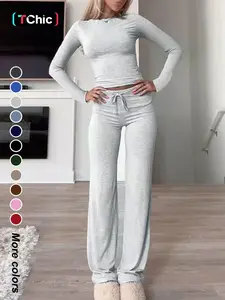 Women's Solid-Color Long-Sleeve Crop Tee & High-Waisted Drawstring Pants Two-Piece Set, Casual Slim-Fit Outfit for Fall and Winter