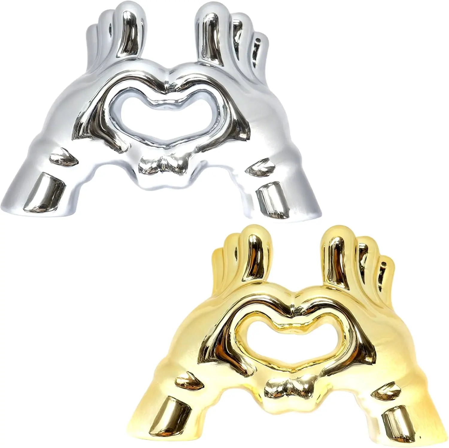 Heart Hands Sculpture Figurine Decor, 2 PCS Small Statue Shelf Decorative for Living Room Coffee Table, Loving Finger Statues Valentines Day Decorations Home Decor-Gold & Silver
