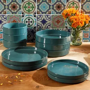 Bloomhouse Santorini Mist 16 Piece Double Bowl Terracotta Reactive Glaze Plates and Bowls Dinnerware Set