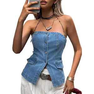 Imily Bela Womens Strapless Denim Vest Summer Button Down Jean Tube Tops Y2k Going Out Fitted Bandeau Shirts Waistcoat