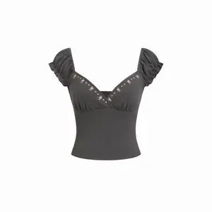 Cider Cotton-blend V-Neck Floral Embroidery Ruched Puff Ruffle Sleeve Top