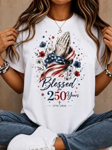 Women's Casual Graphic Short-Sleeve Round Neck Top - Blessed Motif 250 Years Patriotic Style Faith-Inspired Statement T-Shirt