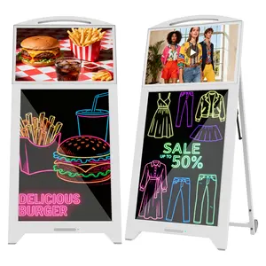 43'' Portable Digital Signage with 21.5'' LCD Screen and 32'' LED Message Writing Board, Advertising Display with CMS/USB Plug & Play, Split Screen, 10-14H Battery Portable Digital Signage for Retail
