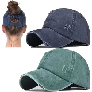 2 Packs Distressed Ponytail Hat for Women Criss Cross Hat Baseball Cap Pony Tail Caps High Bun