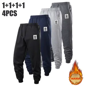 4pics Men's Waist Drawstring Casual Sports Jogger Pants, Men's Maple Leaf Pattern Classic Versatile Trousers, Thick Fleece Lined Warm Winter Pants, With Pockets, High-Quality Soft Fabric, Comfortable To Wear, Suitable For Outdoor Hiking, Running, Walking,