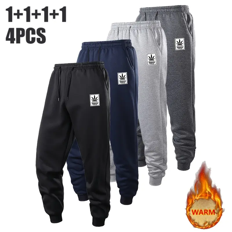 4pics Men's Waist Drawstring Casual Sports Jogger Pants, Men's Maple Leaf Pattern Classic Versatile Trousers, Thick Fleece Lined Warm Winter Pants, With Pockets, High-Quality Soft Fabric, Comfortable To Wear, Suitable For Outdoor Hiking, Running, Walking,