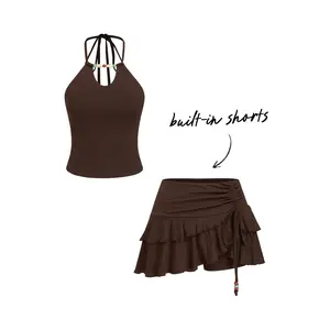 Cider Halter Neckline Beaded Cami Top & Low Rise Drawstring Mini Skort Set