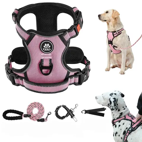 Argyle Non-Slip Dog Harness with Leash - Cotton, Comfortable Cushioning, Choke-Free Oxford Vest, Soft Mesh, Chew-Resistant, Reflective Strip, Adjustable Easy-Control Handle for Small-Large Dogs, Night-Safe Jogging Visibility