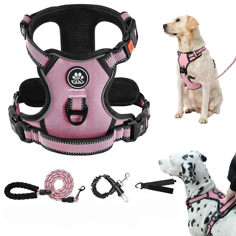Argyle Non-Slip Dog Harness with Leash - Cotton, Comfortable Cushioning, Choke-Free Oxford Vest, Soft Mesh, Chew-Resistant, Reflective Strip, Adjustable Easy-Control Handle for Small-Large Dogs, Night-Safe Jogging Visibility