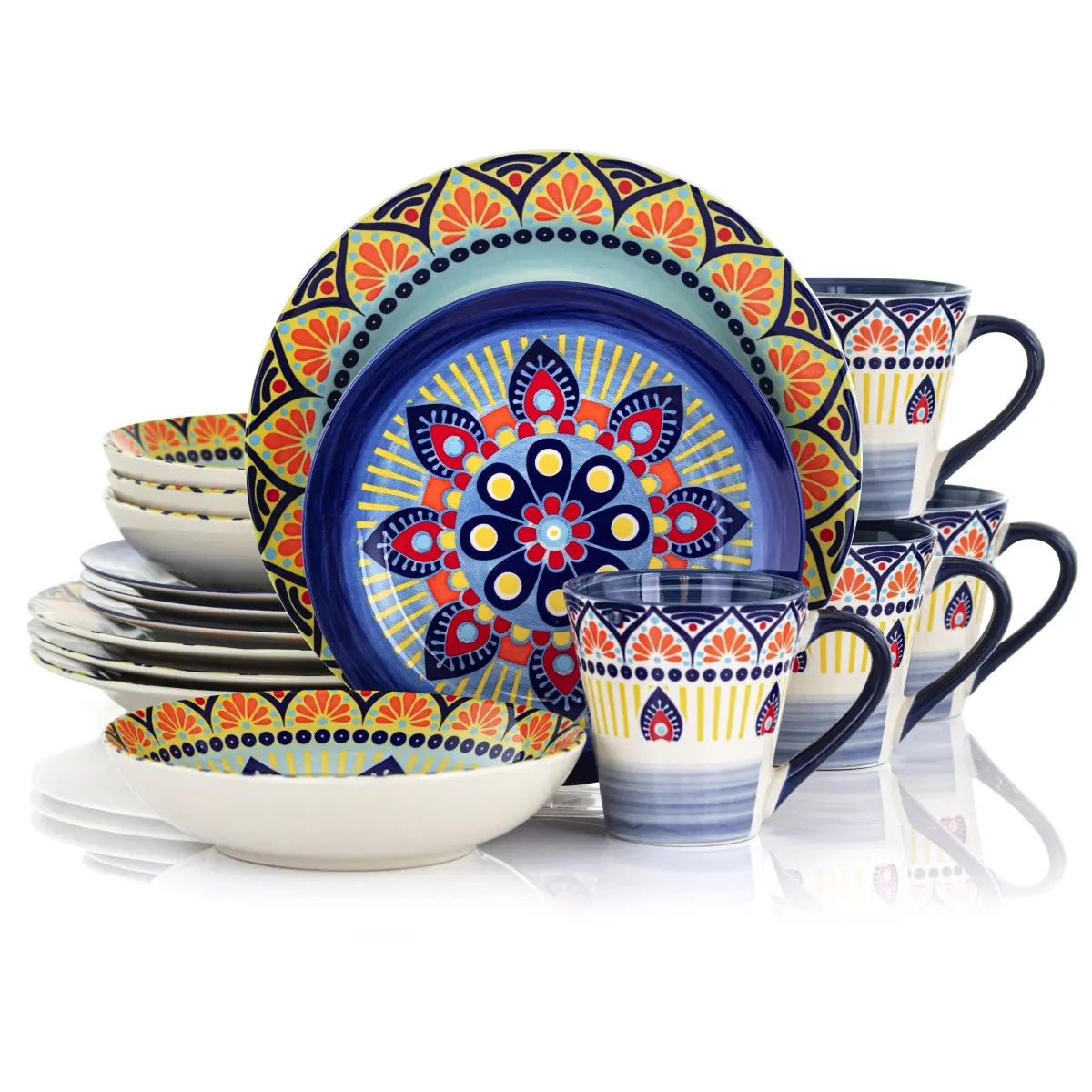 212 MAIN Bohemian Zen Mosaic Luxurious Stoneware Tableware Set - 16-Piece Colorful 4-Person Complete Setting with Plates, Dishes, Cutlery, Blue (4-piece dinner sets), Four-Piece Dinner Sets