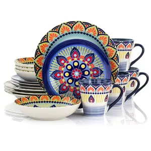 Elama ELM-ZEN-BLUE-MOZAIK Zen Mozaik Luxurious Stoneware Dinnerware with Complete Setting for 4, Blue - 16 Piece