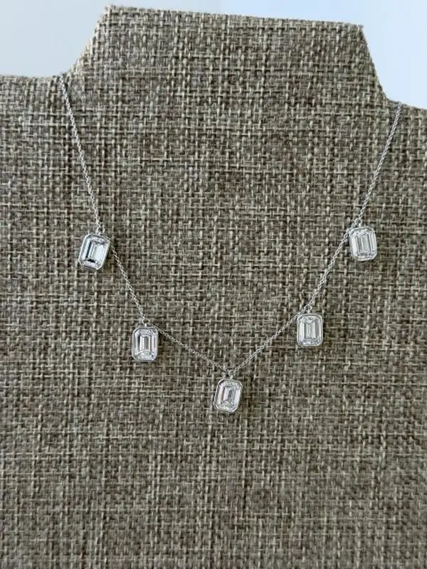 14K White Gold 5 Lab Diamond Emerald Bezel necklace (6.5CT) TT0043