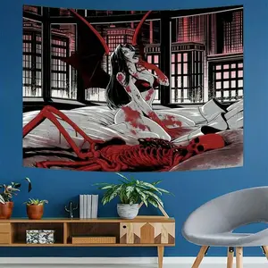 Vampire Gothic Horror Wall Tapestry  Art Decor  Spooky Skeleton and Bat Design  Durable, Washable Home Decoration Cotton Decorative Hanging Lightweight Linen Print