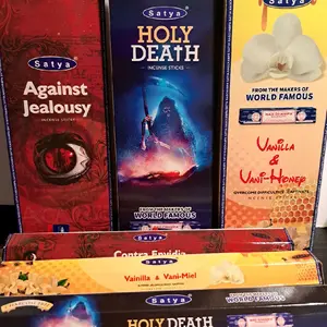 3 packs each containing 20 sticks Satya Incense Sticks - Holy Death, Vanilla & Vani-Miel, Against Jealousy - World Famous Aromatherapy for Relaxation