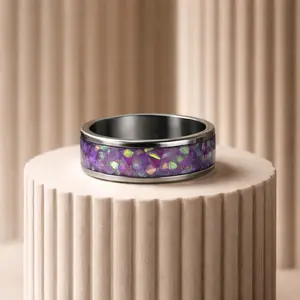 Elegant Purple Opal Inlay Ring for Men - Titanium Band with Sparkling Purple Synthetic Opal Inlay - Perfect for Casual & Formal Wear