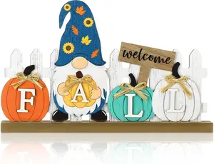 Fall Gnome Table Decor Farmhouse Tabletop Block Sign Rustic Tiered Tray Decor with Wooden Base Freestanding Metal Word Sign and Wooden Pumpkin Cutout for Home Table Shelf Office,