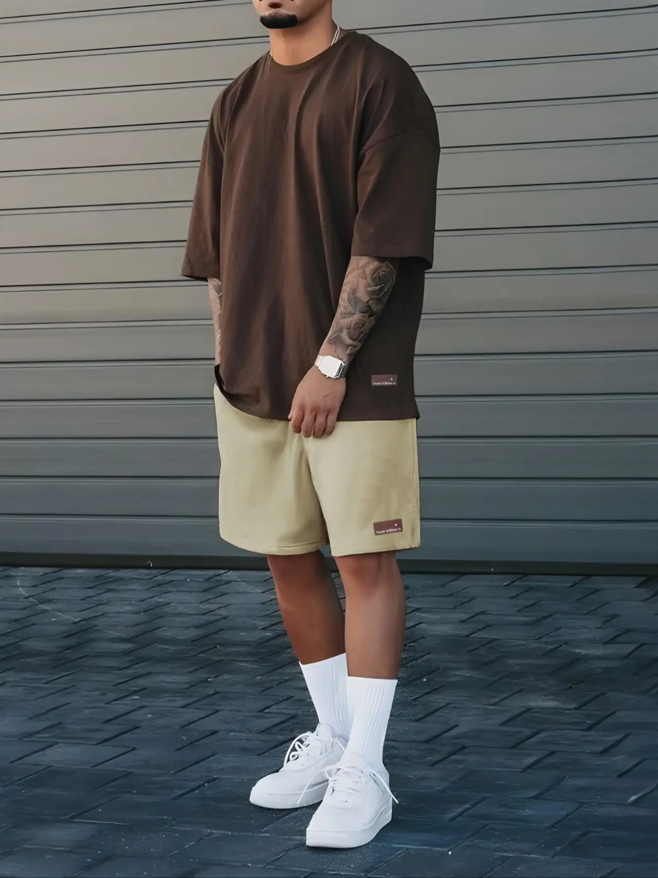 Men's Solid Drop Shoulder Short Sleeve Tee & Patched Drawstring Pocket Shorts Two-piece Set, Outfit Sets for Men, Birthday Outfits 2024, Casual Cozy