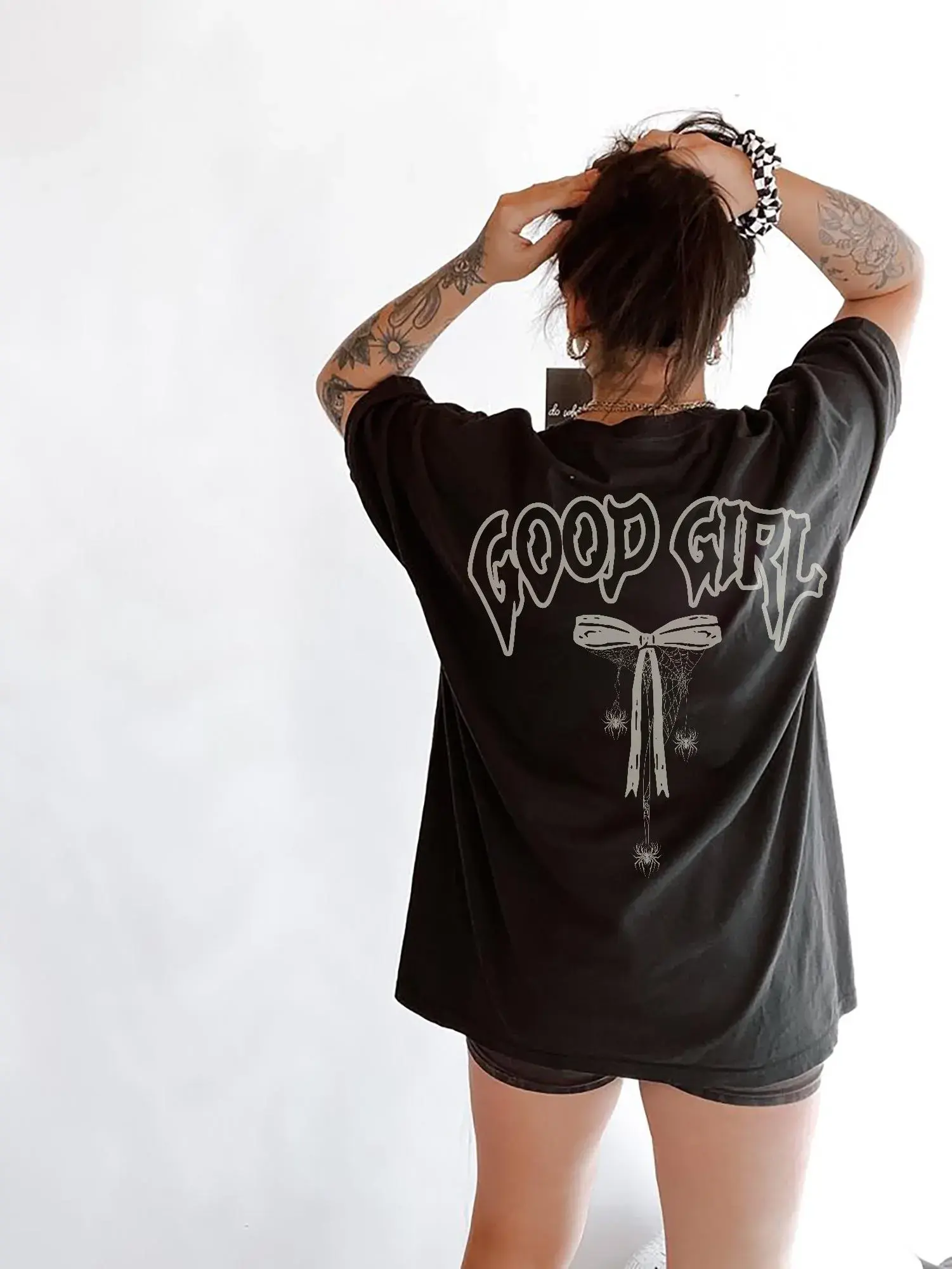 Graphic Tee for Women, Gothic "Good Girl" Print, Oversized Grunge Style, Spider Web Aesthetic