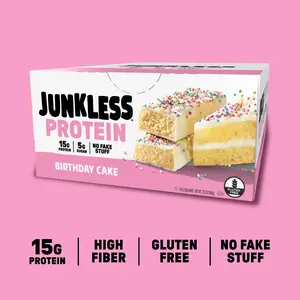 JUNKLESS Protein Bars Birthday Cake 15g Protein High Fiber Gluten Free Clean Ingredients