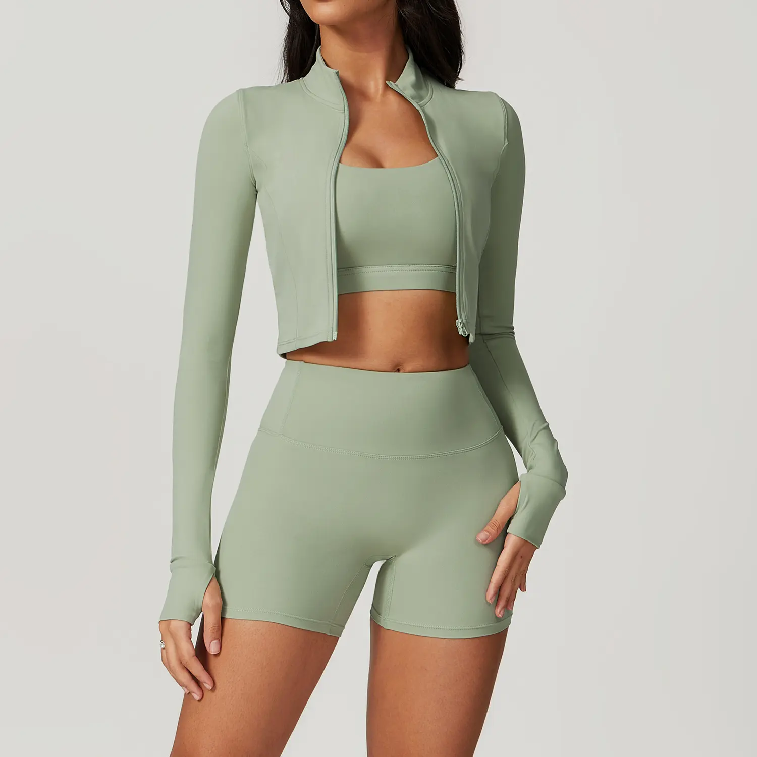 Long sleeves+bra+shorts bean green
