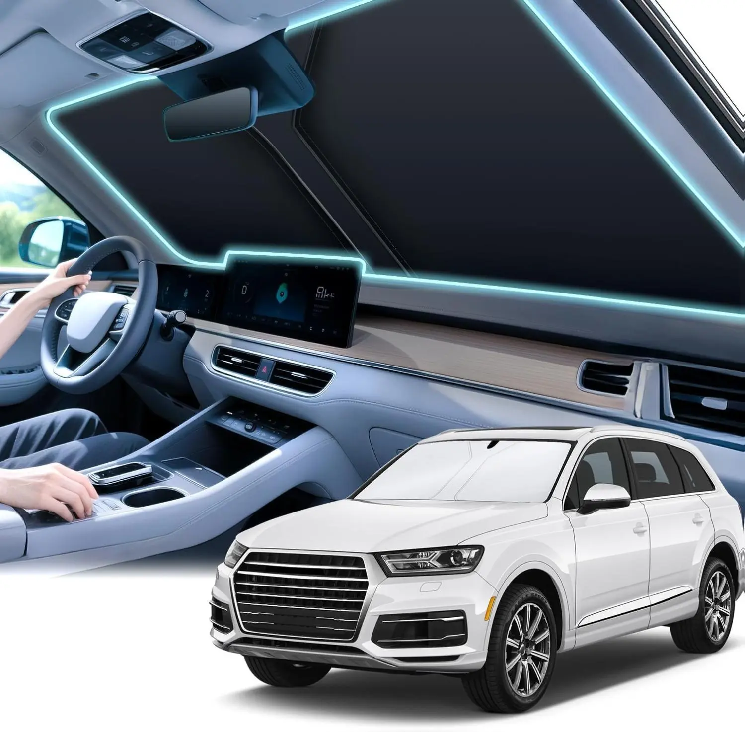 BLACK FRIDAY DEALS - 300T Polyester Universal Fit Car Front Window Sunshade, Foldable Reflective Overlapping Easy-Install Exterior Accessory, Heat Shield UV-Blocking Bug&Hood Shade (55in L x 26.7in W)
