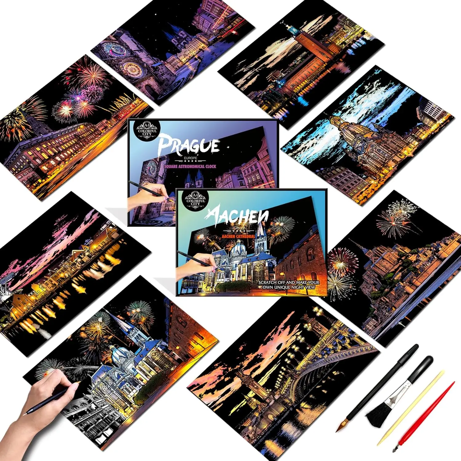 Scratch Art for Adults&-Scratch Painting Paper Craft Kit (8 Sheets A4)|DIY Foil Engraving Art Set|   for Travel Lovers,Craft Lovers|Creative Scratch Art Home Decor( Series 1)