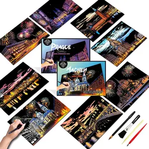 Scratch Art for Adults&-Scratch Painting Paper Craft Kit (8 Sheets A4)|DIY Foil Engraving Art Set|   for Travel Lovers,Craft Lovers|Creative Scratch Art Home Decor( Series 1)