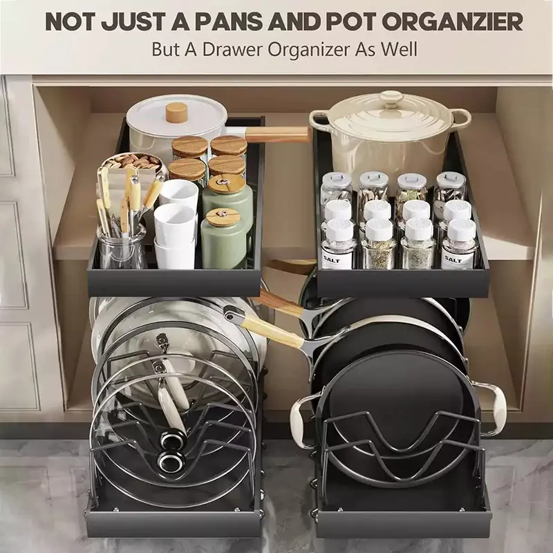 2pcs 7-Tier Expandable Carbon Steel Kitchen Cabinet Rack Insert Organiser - Anti-Punching Design, Durable, Storage Organization for Cookware, Fits Different Pots and Pans, Ideal Kitchenware Gift