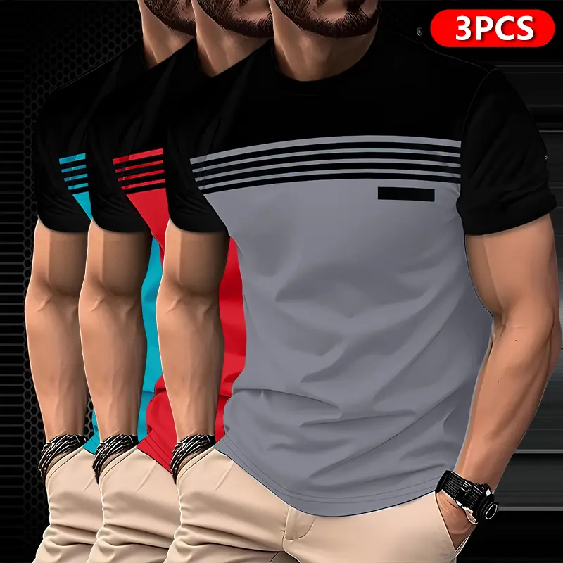 Men’s Three-Pack Striped Short-Sleeve T-Shirts – Solid and striped designs, breathable crew neck casual summer tees, versatile for beach, office, and semi-formal occasions Summervibes