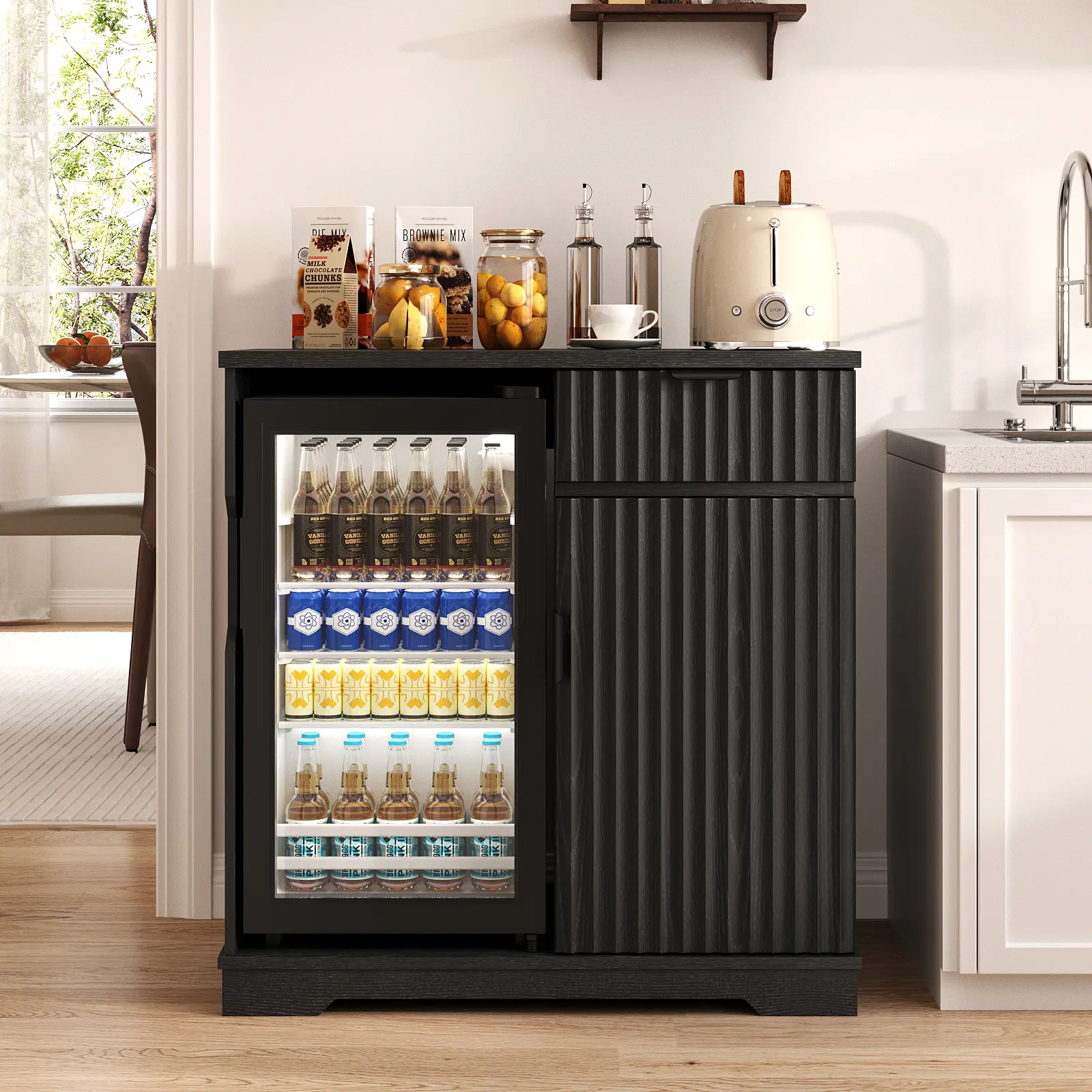 MIIFUNY Mini Fridge Cabinet (Fridge Included), Fluted Coffee Bar Cabinet with Refrigerator, Pull Out Drawer & Storage Cabinets, 31.5" Liquor Wine Bar Cabinet for Home, Kitchen, Dining Room, Black