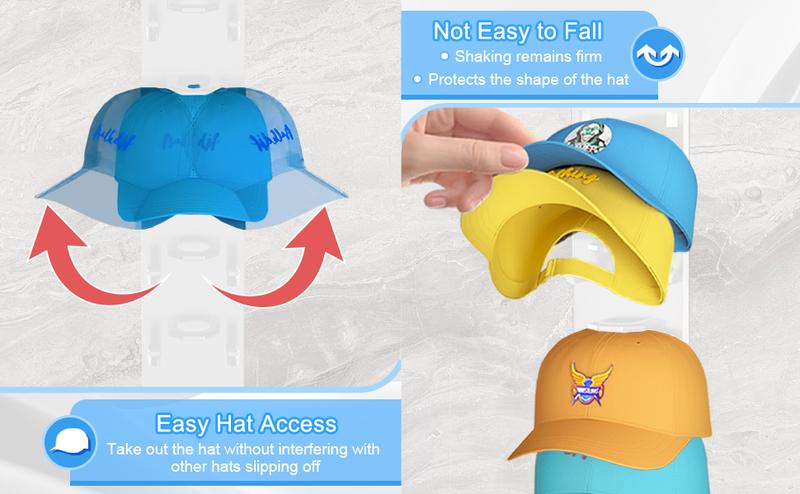 2  Pack Hat Organizer Wall Mounted Adhesive Cap Rack Holds 18 Hats for Closet Door Bedroom Black or White