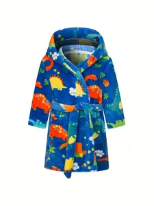 Kids Dinosaur Print Bathrobe - Cute Royal Blue Cartoon Dino Hooded Fleece Robe for Toddler Boys Girls, Ultra Soft Plush Flannel Warm Sleepwear Loungewear with Pockets and Waist Belt, Perfect for Bath Shower Pool Beach Spa, Cozy Jurassic Pajamas Magical